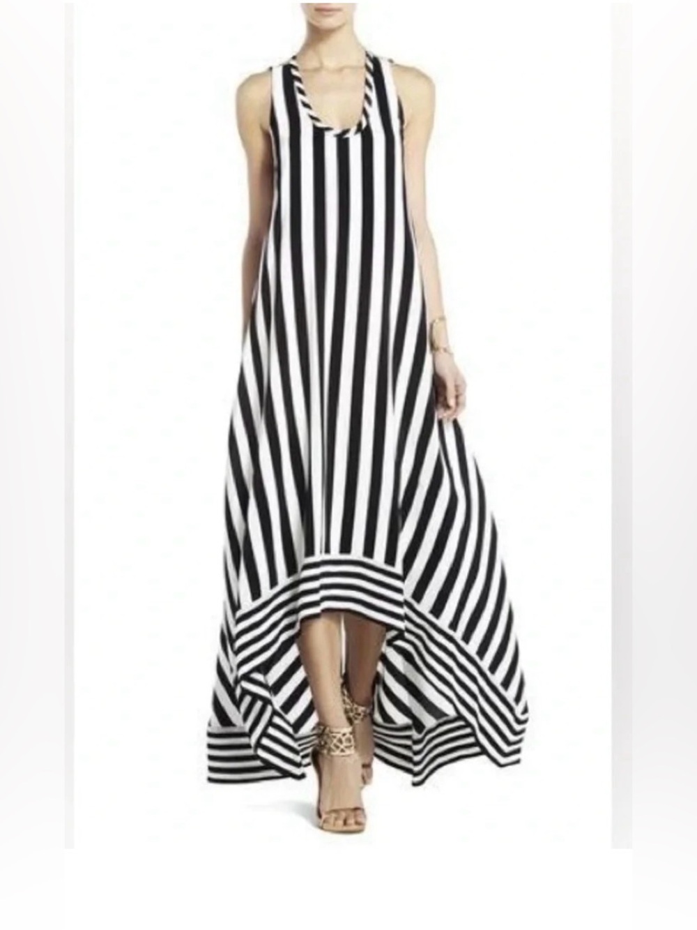 BCBGMAXAZRIA Size 0 Black White Striped High Low Maxi Silk Dress Racerback